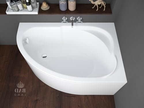 BADLAND Badewanne Original Weiß Acryl Wanne Eckbadewanne STANDARD 130x85 Rechts KOMPLETTSET SET mit Weiß Acrylschürze + Füßen und Exklusive Chrom Automatik Ablaufgarnitur Made in EU 4in1