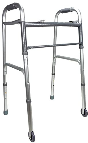 Deambulatore pieghevole in allumino, con 2 ruote fisse e 2 puntali regolabile in altezza