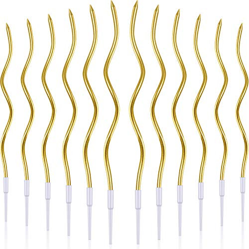 12 Pieces Twisty Birthday Candles Spiral Cake Candles Metallic Cake Cupcake Candles Long Thin Coil Cake Candles with Holders for Birthday Wedding Party Cake Decorations (Gold)