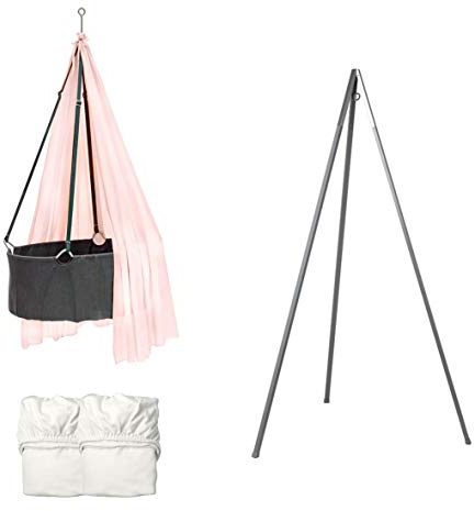 Set per culla, culla con treppiede, grigio, velo rosa e 2 lenzuola con angoli bianchi