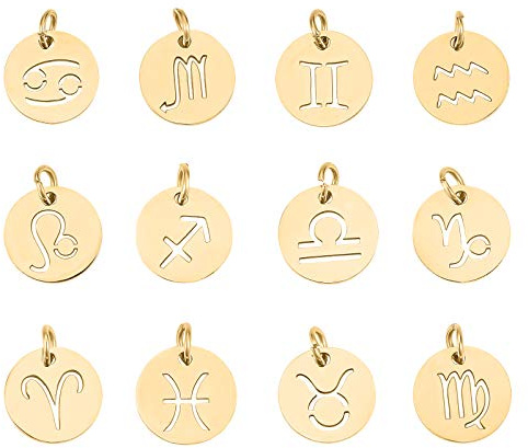 UNICRAFTALE 12 Stück Edelstahl 12 Sternbilder Charme Sternzeichen Anhänger Charms Golden 3mm Loch Flach Rund Mit Sternbild Anhänger Für DIY Schmuck Handwerk Herstellung 12mm