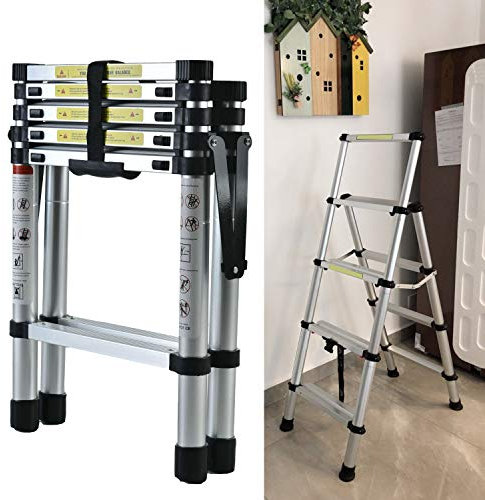 Aluminium Step Ladder with Handrail, 1.4M - 1.7M Telescopic Ladder Lightweight Folding Steps Extension Ladder A-frame Ladder for Household DIY Work (4 + 5 Steps)