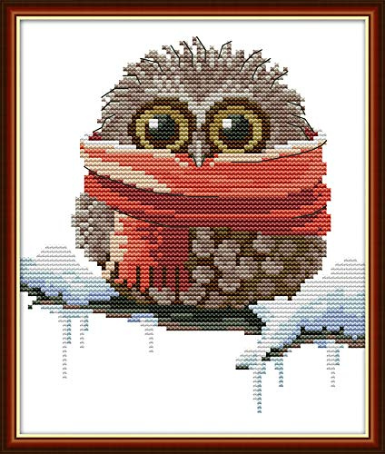 Selbstgestempeltes Kreuzstich-Stickset, komplette Auswahl an vorgedruckten Starter-Sets für Anfänger - Eule mit Schal 24 x 28 cm