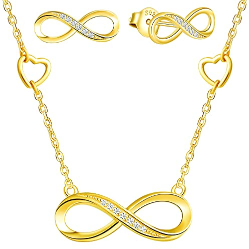 Yumilok Damen Halskette 925 Sterling Silber Unendlichkeit Infinity Herz Charm Kette Damen Ohrringe Ohrstecker Schmuck Set für Frauen Mädchen