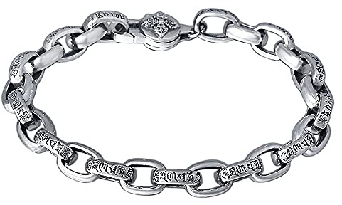ForFox Pulsera Budista tibetana con Mantra om Mani Padme Hum de Plata de Ley 925 Pulsera de Cadena de eslabones para Hombre Mujer 8mm 18/20cm