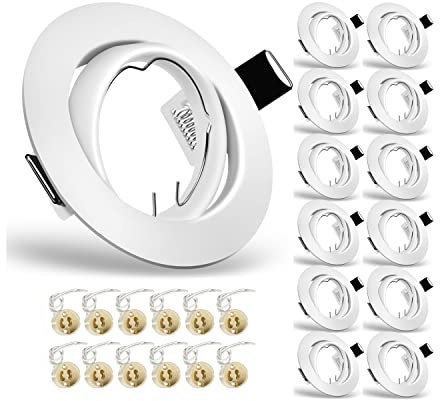 12x Modern GU10 Downlights for Ceiling, Round White Metal Frame for Recessed Ceiling Lights, Tilt Swivel Spotlight - External Dimensions: 90mm, Cut-Out Hole Size:68-80 mm