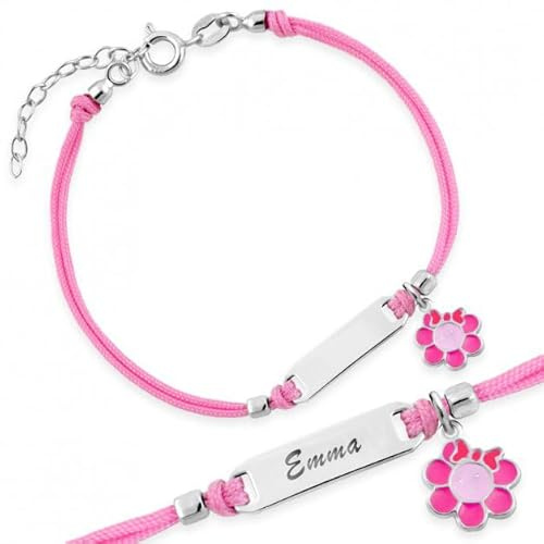 Sakrami Pulsera Bebé Plata de Ley 925 Colección Infantil Margarita Esmaltada Rosa + Caja de Regalo Personalizada - Pulsera para Nacimiento Comunión o Bautizo