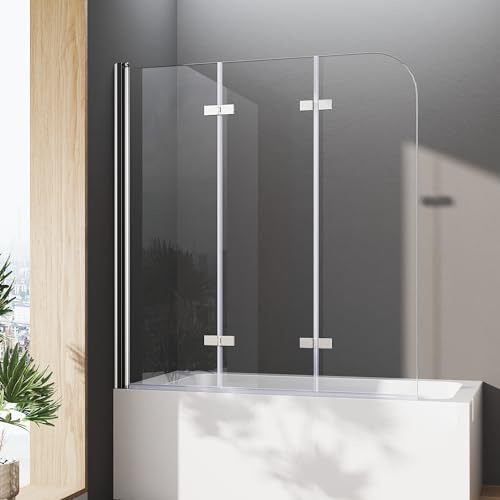 Duschwand für Badewannen 120 x 140 cm 3 teilig faltbar Duschabtrennung Sicherheitsglas hell Duschwand Duschabtrennung Nano Glas