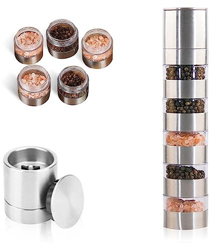 Nizirioo Mini spargispezie con coperchio: set 5 in 1 da campeggio con macinaspezie trasparente, set da campeggio, in acciaio inox, per picnic, barbecue, 20 ml