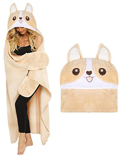 Shoppawhile Corgi Decke mit Ärmeln und Kapuze für Hundebesitzer Kuscheldecke Flauschig Süße Blanket Hoodie Tragbare, Lustig Geschenke für Frauen Kinder zum Weihnachten 130 * 150cm