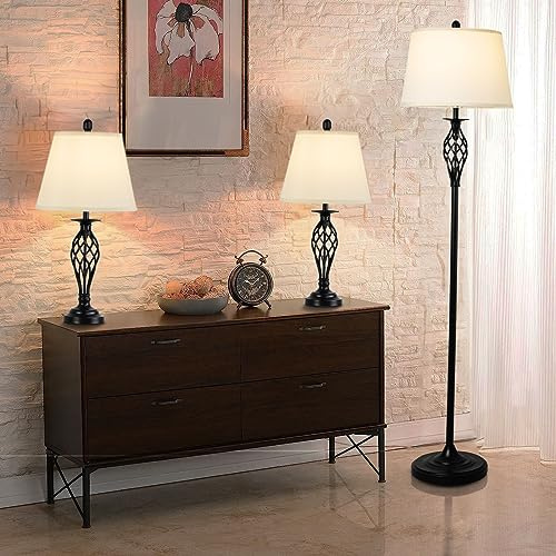 Depuley 1 Stehlampe+2 Tischlampe 3er-Lampenset, Vintage Stehleuchte und tischleuchte Set mit E27 Fassung, Lampenschirm aus weiß Leinen, für Wohnzimmer, Schlafzimmer(Glühbirnen enthalten)