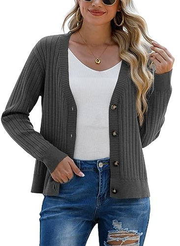 PrinStory Cardigan da donna aperto davanti lavorato a maglia a maniche lunghe maglione casual con bottoni donna a maniche lunghe cardigan, grigio scuro, XL