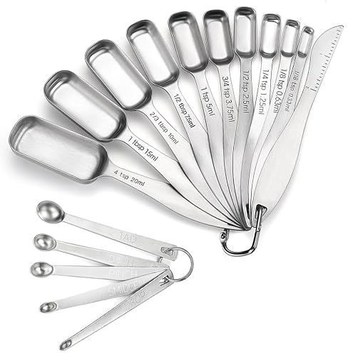 Juego de 16 cucharas medidoras de acero inoxidable 18/8, incluye 10 cucharas medidoras estrechas, 1 nivelador y 5 mini cucharas medidoras