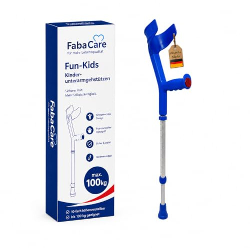 FabaCare Krücke für Kinder, Unterarmgehstütze, Gehhilfe höhenverstellbar, leichte Gehstütze, Kinderkrücke bis 100 kg, Blau