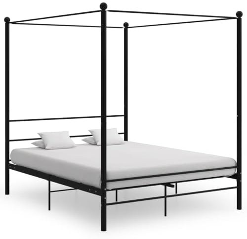prissent Himmelbett Schwarz aus Metall, 160 x 200 cm, Metallbettrahmen, Doppelbett, moderne Doppelbetten, Himmelbettstruktur (Matratze nicht im Lieferumfang enthalten)