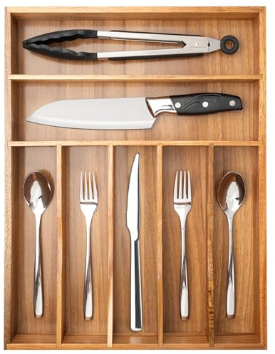 Conflech Organizador de cubiertos de madera de acacia, bandeja de 7 ranuras para utensilios de cocina para cubiertos y cubiertos en el cajón