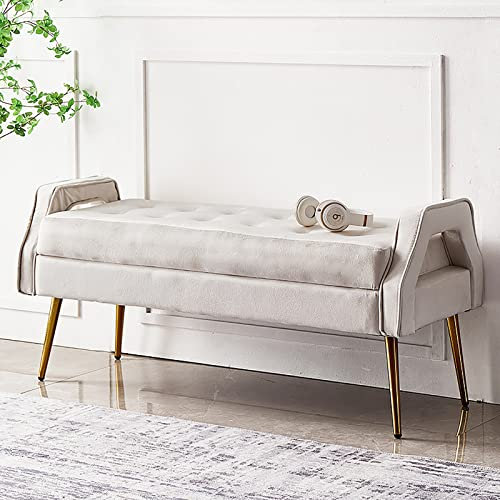 Generisch Luxuriöse Bettbank Mit Goldenen Beinen,Schlafzimmerbank Samtgepolsterte Sitzbank,Bequeme Osmanische Bank Multifunktions-Schuhbank Für Den Eingangsbereich-Weiß 100x46x55cm(39x18x22i