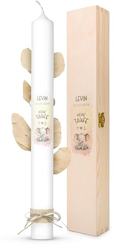 AMARI ® Taufkerz personalisiert Elefant Herz (002.10.06) H:40cm/⌀:4cm - Taufkerze für Mädchen/Jungen - Gestalte deine Kerze - Mach deine Taufe besonder