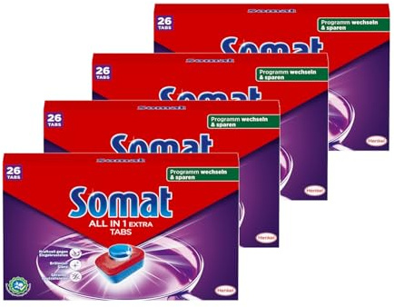 Somat All in 1 Extra Spülmaschinen Tabs, 104 Tabs (4x 26 Tabs), Geschirrspül Tabs für strahlende Sauberkeit auch bei niedrigen Temperaturen, bekämpfen selbst eingetrocknete Rückstände