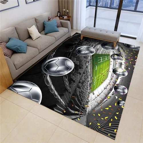 Fußballfeld 3D-Druck-Spielzimmerteppich 140 X 200 Cm - Rutschfester Bodenmatten-Teppich Für Den Innenbereich - Weicher Griff - Polyesterfaser - Leicht Zu Reinigen - Geeignet Für Schlafzimmer, Ki -9U9T