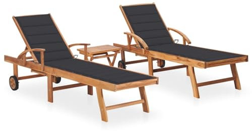 ShCuShan Sonnenliegen 2 STK. mit Tisch und Auflage Gartenliege Sonnenliegen Gartenliege Auflage BalkonmöBel Lounge Sessel Outdoorn Massivholz Teak