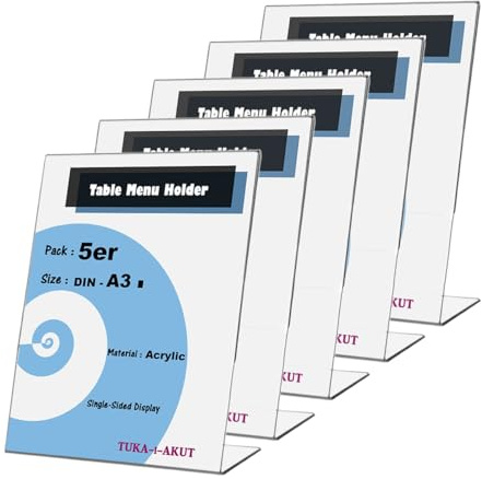 TUKA 5x Expositor de Mesa, A3 vertical, 3mm Acrílico Transparente, inclinado Soporte de sobremesa, Titular para Letreros de Folletos, Carteles, Fotos y Menús, Porta Carteles, TKD8200-A3-5x