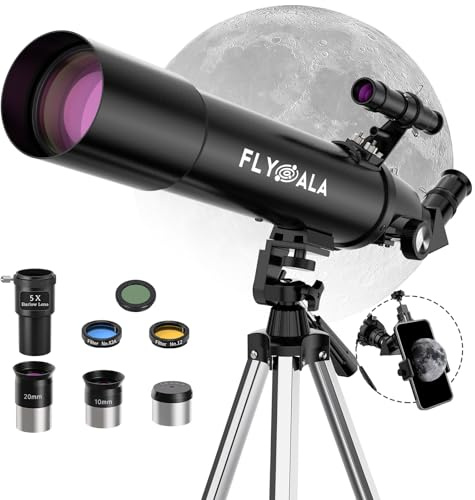 FlyGala Teleskop för barn och vuxna, 80 mm bländare 600 mm brännvidd nybörjare astronomiskt teleskop för vuxna högdriven (30 x 750 X), refraktorastronomiteleskop barn 6-8 8-12 över 5 år gammal