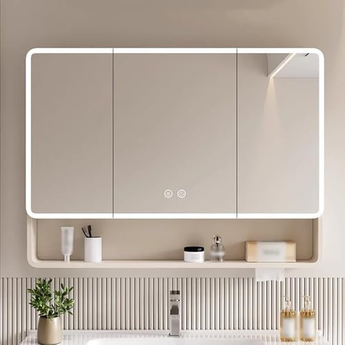 Spiegelschrank Bad Mit Led Beleuchtung Und Steckdose 100×88cm,doppeltür Badschrank Mit Defogging-Funktion Spiegel Und Ablage Hängeschrank Berührung Sensorschalter,cremefarbe