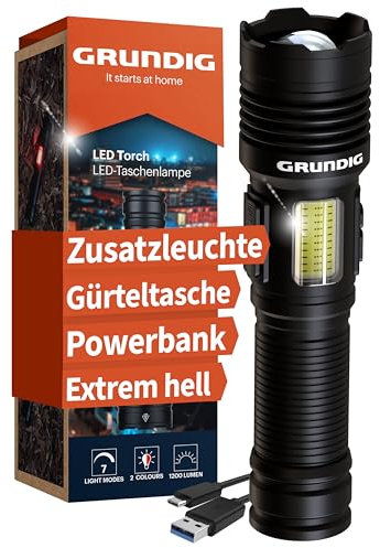 GRUNDIG Taschenlampe LED aufladbar - Extrem hell - Ion Technologie - Ausfallsicher mit Zusatz Arbeitsleuchte - Notfall USB Ladung von Telefon/Tablet - hochfestes Alu Gehäuse - starker Li Akku