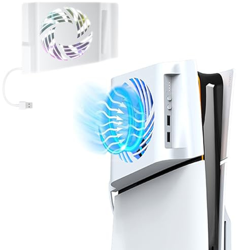AriKroii Kühlgebläse für PS5 Slim, Automatische Temperaturerkennung/RGB-Beleuchtung/3 Stufen Windstärke/USB2.0 Hub, Zubehör für PS5 Disc & Digital Editionen