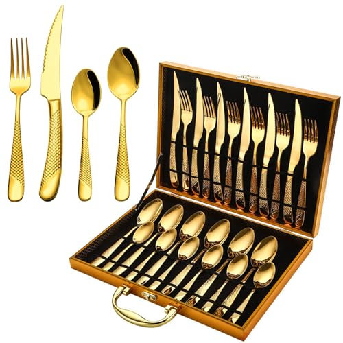 Besteck Set 6 Personen 24 teilig Edelstahl Spiegelpoliert Besteckset Spülmaschinenfest Essbesteck Set mit Messer Gabel Löffel Geschenkbox für Haus Küche Hochzeit Party Restaurant (Gold)
