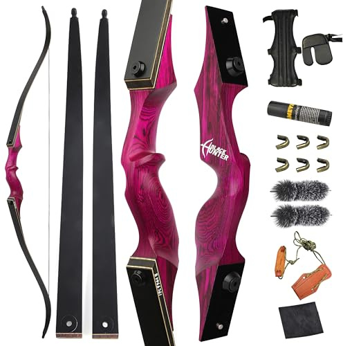 ZSHJGJR 60” Black Hunter Original Recurve Bow for Adults American Hunting Longbow Archery Bow 20-60lbs Right Handed for Archery Hunting Shooting Practice (Purple, 60lbs)