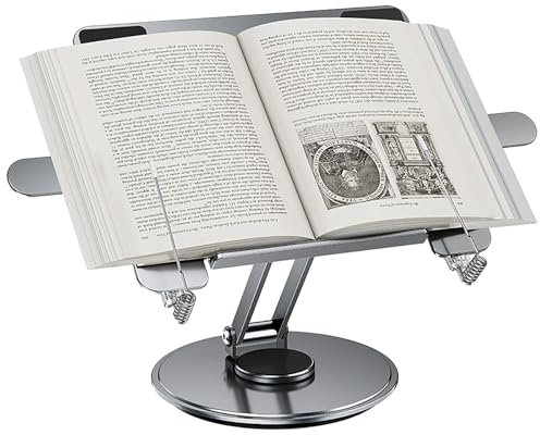 Holzsammlung Atril Para Libros con Clips para Leer, Soporte de Libro para Lectura, Tablet Soporte de para Portátil con Base Giratoria de 360°, 180° Ángulo Ajustable Soporte para iPads, Tablet, Recetas