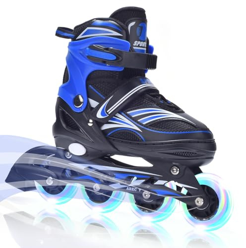 ERNAN Pattini in linea regolabili per bambini,Pattini in linea, pattini in linea per bambini con ruote illuminate, Per ragazze e ragazzi, per uso interno ed esterno (Blue, M)
