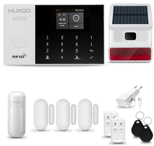 HUXGO® HXA005 Alarme Maison sans Fil WiFi + GSM 4G avec Sirène exterieure sans Fil | Système d'alarme avec détecteur de Mouvement, 3X capteurs de Porte | Kit sécurité Maison, Appartement, Garage