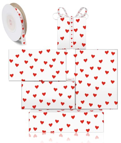 Geschenkpapier Herz Geschenkpapier Hochzeit Geschenkpapier mit rotem Herz und Band, flach gefaltet 4 Blatt 50x70cm pro Blatt für Hochzeit, Brautparty, Verlobung, Valentinstag, Jahrestag oder