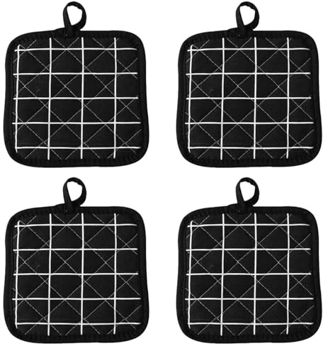 4 StüCk Hitzebeständige Topflappen Baumwolle, Topflappen Hot Pads, Topflappen Mit Tasche, Quadratische Mikrowellen Topflappen, Topflappen Küche, für Küche Kochen Backen (Schwarz)