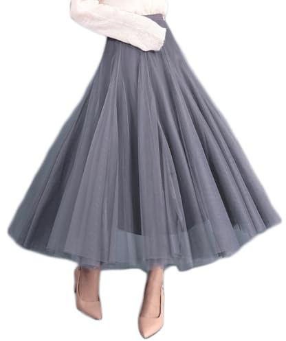 Jemmsia Women's Tulle Skirt Midi A-Line Multi Tiered Pleated Maxi Swing Skirt Elegant Elastic High Waist Long Tutu Flowy Skirts for Prom Homecoming Birthday Party Grey