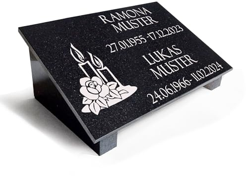 Grabstein aus Granit mit Personalisierung, poliert, gefaste Kanten. Geeignet als Urnengrabstein | Grabplatte | Gedenktafel | Urnenliegestein.Mit Stützen Motiv Kerze MA17S (60x40cm mit Stützen)