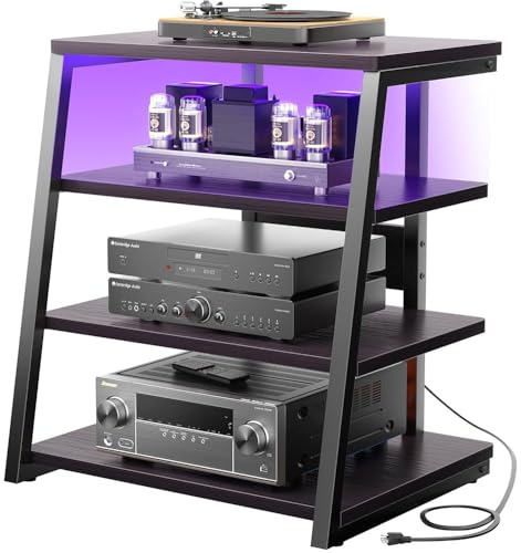 iSunirm HiFi Stand, AV Media Stand with Outlets, 4-Tier Media Console with LED Lights, Record Player Stand With Storage Shelves, Stereo Racks and Stands Media Audio Tower Cabinet, Black