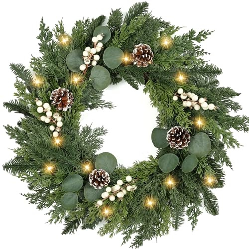 Christmas Wreath with Lights 24 Inch Real Touch Pine Wreath with White Berries/Pine Cone Prelit Christmas Wreaths for Front Door Outdoor Christmas Decorations Winter Wreath for Home Indoor Holiday