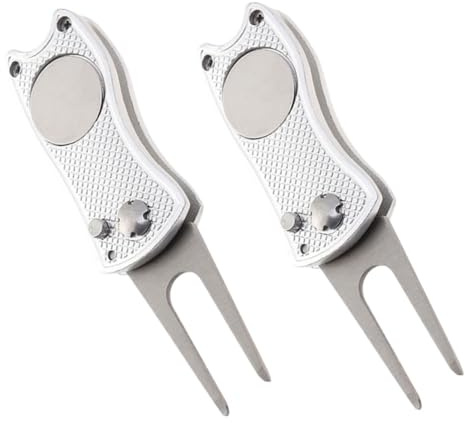 Toyvian Herramienta de Reparación de Divots de Golf, 2 Piezas, Aleación de Aluminio Plateada, Plegable y Portátil, con Marcador de Bola para Torneos y Juego Casual