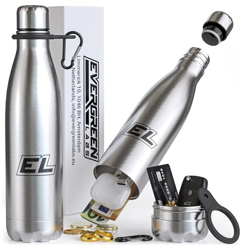 Evergreen Labs Botella de agua con compartimento secreto – Escondite secreto objetos de valor – Termo de acero inoxidable (30,5 cm) con gran escondite (7 x 7 cm) para dinero, llaves y joyas – Plata