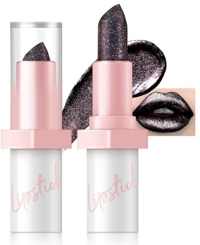 Noerrors Metallic-Schwarz-Glitzer-Lippenstift, hochglänzender abfärbungsfreier cremiger Lippenstift mit Diamantglanz, langanhaltendes schimmerndes Halloween-Gothic-Lippen-Make-up