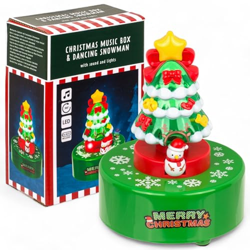 MIJOMA Weihnachtsspieldose mit Musik & LED Farbwechsel – Tanzender Schneemann & Weihnachtsbaum – Spieluhr mit Licht Ton Bewegung – Weihnachtsdeko 17×12 cm – Batteriebetrieben