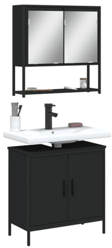 Holamys 2-TLG. Badmöbel-Set Schwarz, Holzwerkstoff, 60x30x60 cm Waschbeckenunterschrank, Spiegelschrank, Feuchtigkeitsbeständig, für Badezimmer