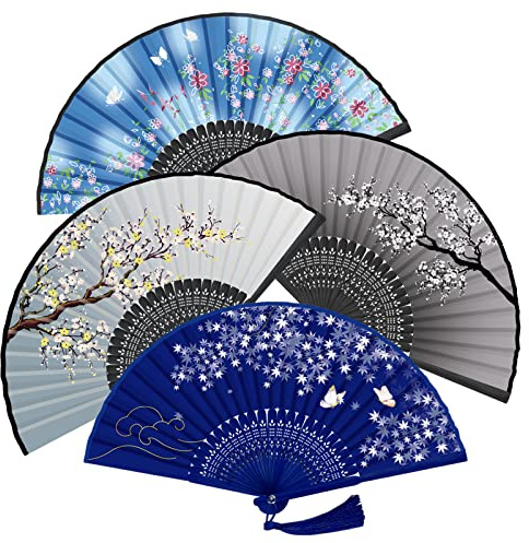 WEARXI Hand Fan Folding, 4 Pack Folding Hand held Paper Fans, Hollow Carved Bamboo Hand Fan for Wedding, Birthday Gifts, Performance, Dancing, Home Decoration