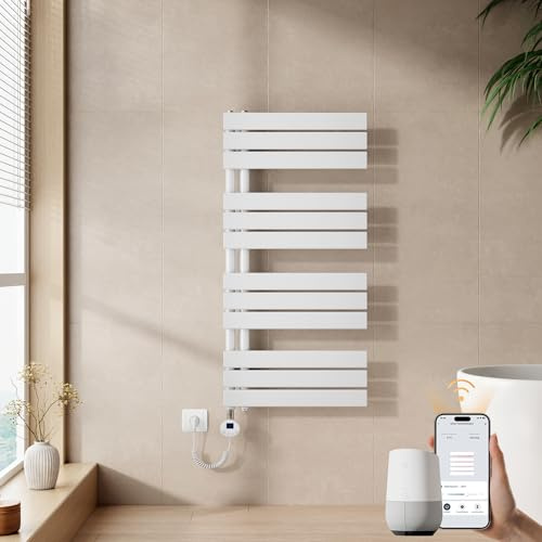 EMKE Toallero electrico baño con WiFi Termostato, 1041x500mm, 600W, Radiador Toallero Eléctrico, Blanco,Resistencia Calefactora con Temporizador,Función de Memoria