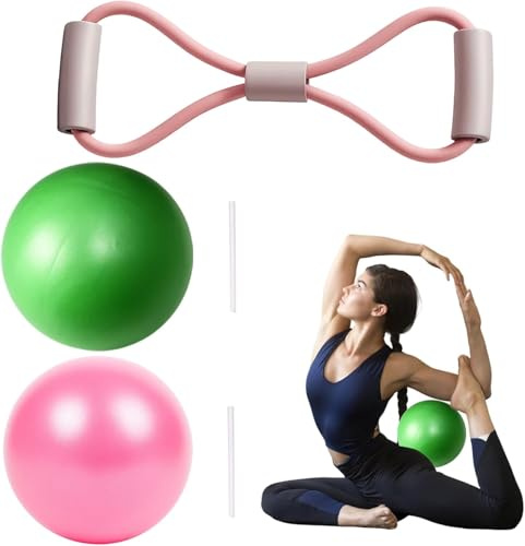 UxuoQxa Pilates Ball Set, 3 Stück Yoga Zubehör mit 2 Gymnastikbällen und 1 Öffnungsband, Ideal für Fitness, Yoga und Pilates, Grüne und Rosa Farben, 20-25 cm Durchmesser
