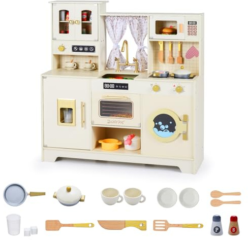 GOPLUS Cuisine Enfant, Cuisine en Bois Enfant avec Lave-Linge et Distributeur d'eau, Four, Micro-Ondes, Machine à Café, 14 Accessoires, Jeu d'Imitation pour 3+ Ans, 95x32x96cm